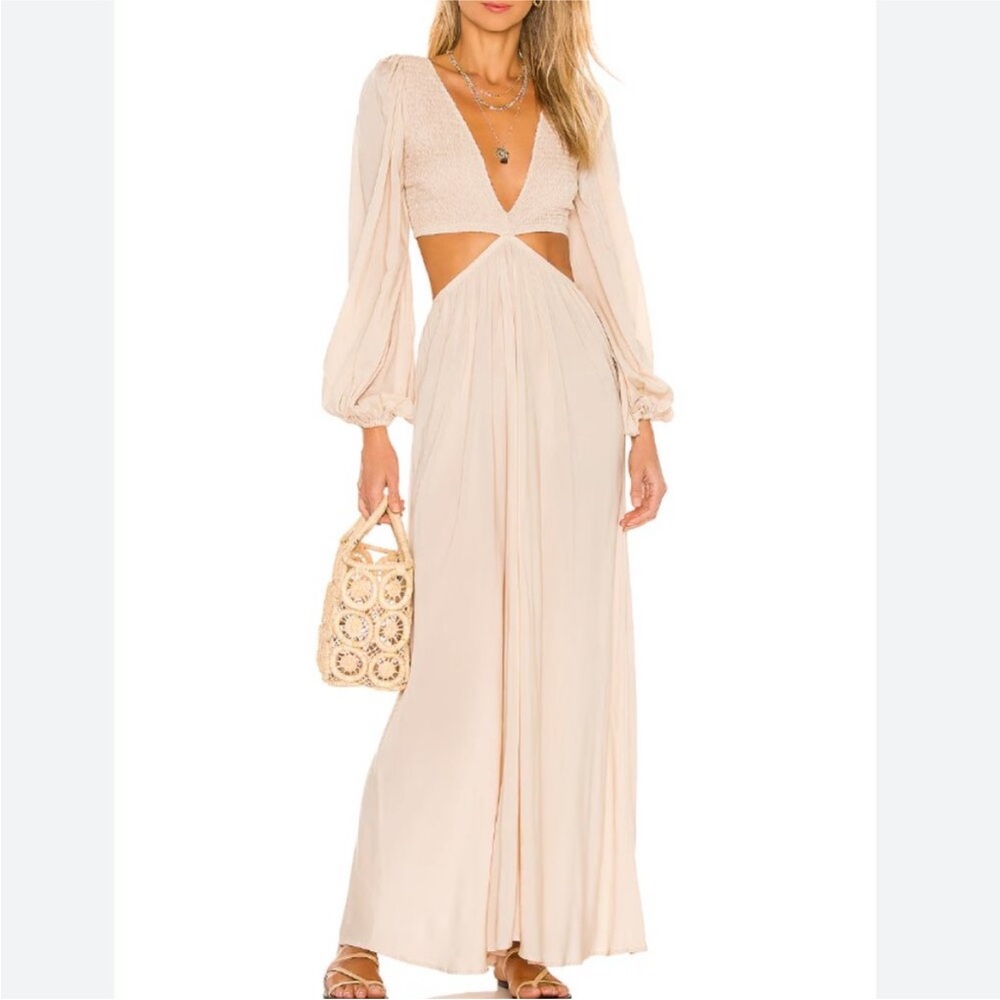 NWOT Indah Julie Solid Ruched Bodice Cutaway Maxi Dress tan